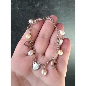925 Sterling Silver Dangling Heart & Real Pearl Charm Bracelet Vintage